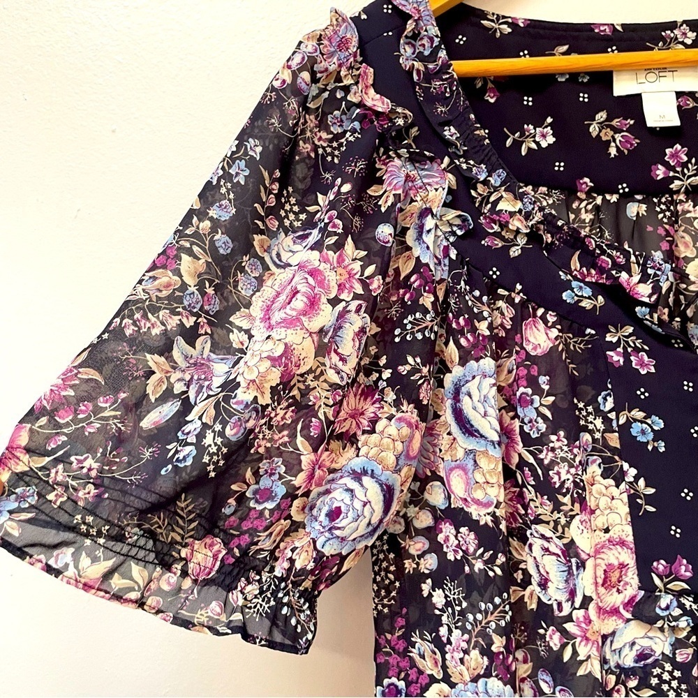 Loft Floral Mixed Print Sheer Ruffles Blouse Top M - Picture 3 of 6